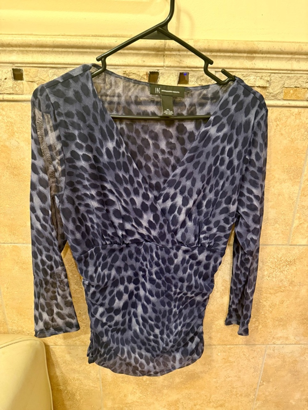 INC International Concepts Navy Animal-Print V-Neck Long Sleeve Top